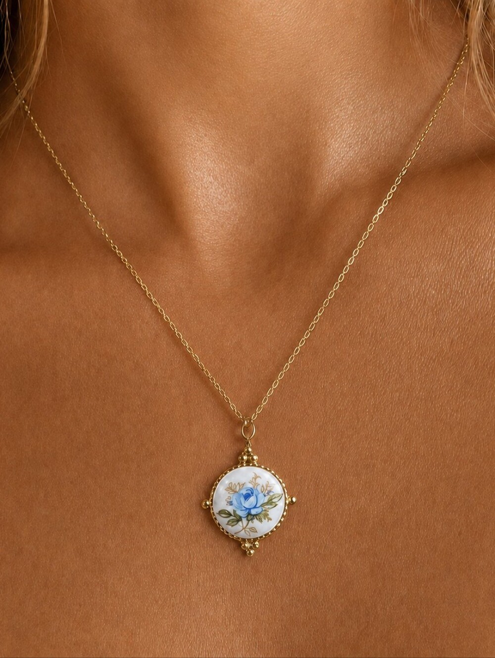 Vintage Limoges Blue Rose Glass Cabochon Necklace